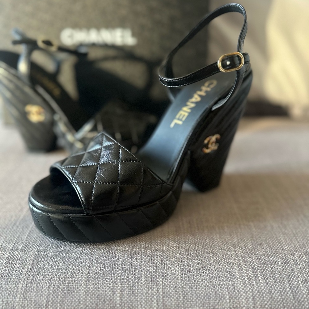 SOLD! (On eBay) CHANEL Black Lambskin Quilted Platform Sandals with CC Logo